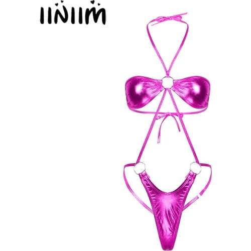 Iiniim Womens Femme Latex Shiny Metallic Lingerie Teddies Backless Slingshot Mini Trikini Thong Bodysuit Sissy Clubwear