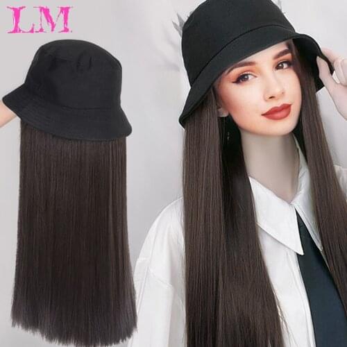 LiangMo Synthetic Wig For Women Straight Black/Brown Hair Connection With Black Fisherman Hat No Adjustable For Girls