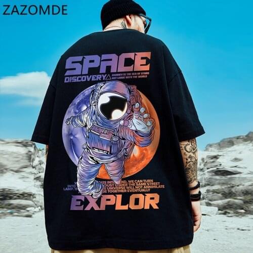 ZAZOMDE Oversized European And American Fashion T-shirt Men Trend Loose Short-sleeved Tees Astronaut Printing Half-sleeved Tops
