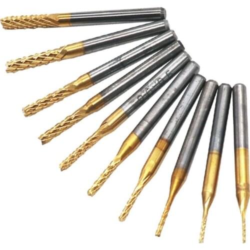 10 in 1 PCB Drill Bit Set 1/8'' 0.8-3.175mm 0.6-1.5mm Engraving Cutter Rotary CNC Router End Mill for PCB Machine Power Tool Set