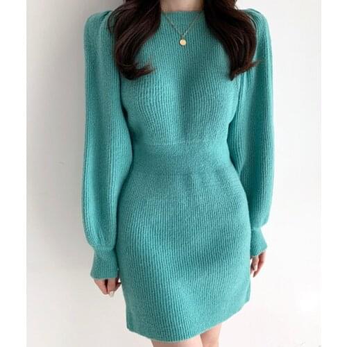 Autumn Winter New Long Sleeve Dress 2021 Fashion Knitting Solid Color Dresses Sweater Dress Sheath Office Wear YOU984