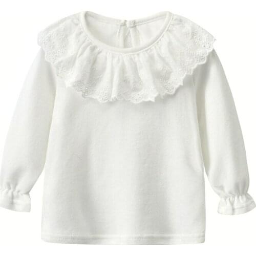 Autumn Baby Smocking Girls Shirt Baby O-neck Lace Collar White Tops Long Sleeve Pink Blue Embroidered Boutique Infant Shirts