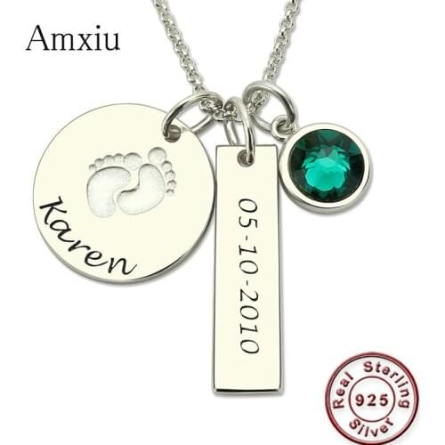 Amxiu 925 Sterling Silver Necklace Custom Jewelry Engrave Baby Name Date with Birthstone Feet Pendant Necklace For Mother Gifts