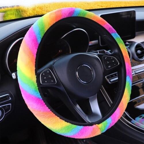 Multicolor Plush Women Car Steering Wheel Cover No Inner Ring Elastic Band Elastic Grip Cover For 37-38 CM 14.5"-15" M Size