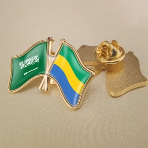Saudi Arabia and Gabon Crossed Double Friendship Flags Lapel Pins Brooch Badges