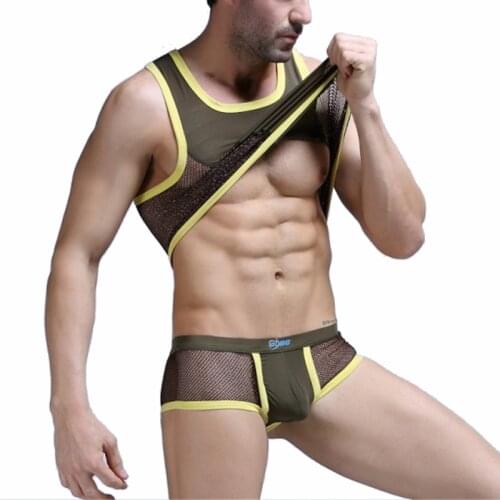 Sexy Mens Undershirts See Through Tank Tops Fitness Sleeveless Mesh Shirts Homme Vests Boxer Shorts Underwear Men Clothes Set