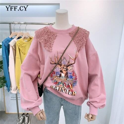 Women Hoodies Autumn 2020 Funny Cute Cartoon Elk Print Sweatshirt Oversized Streetwear Lace Sweatshirts Gilrs Pullover Tops