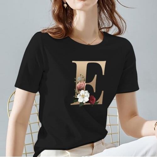 Women Tshirts Classic All-match Black Printing Tee Fashion Flower 26 Alphabet Pattern Series Tops Ladies Round Neck Short Sleeve