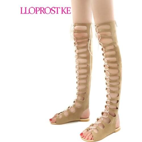 Lloprost ke Roman Gladiator Bandage Sandals Women Over Knee flat sandalias botas femininas Women Shoes Girls Summer hollow H286