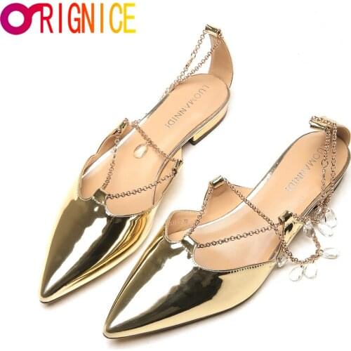 Orignice Fashion Pointed Women Genuine Leather Flats Gold Color Chain Ankle Wrap Casual Street Summer Shoes Size 34-40 Handmade