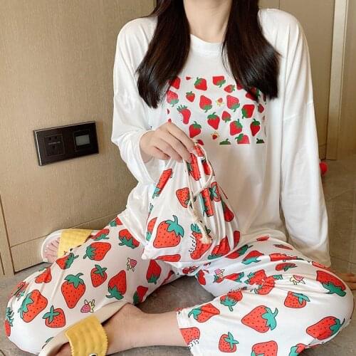 Womens Pajamas Sets Plus Size Femme Nighty Casual Autum Homewear Loungewear Cute Sleepwear Cartoon Round-Neck Pijama Pyjamas