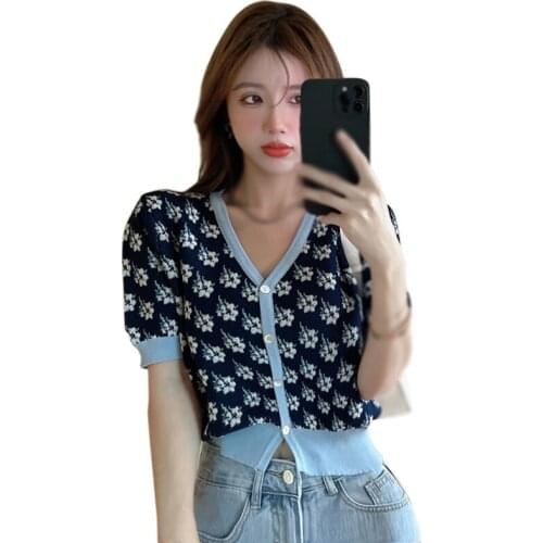 Summer New Retro V-colored Color Tshirt Printing Single Row Buckle Short-sleeved Knit Cardigan Top Femme Casual Dot T-shitt