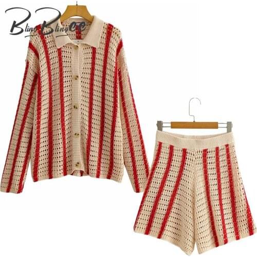 BlingBlingee Za 2021 Summer Autumn Woman Traf Outfits Red Striped Open Knit Cardigan + Loose Shorts Suits Casual 2 Piece Sets