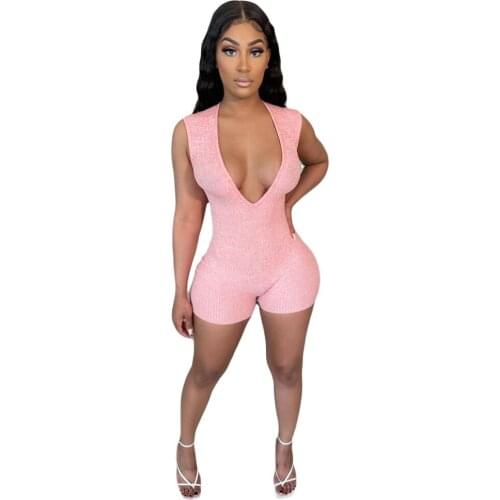 Casual Sportswear Solid Knitted Rib Playsuit Sexy Deep V Neck Sleeveless Biker Shorts Black Pink Bodycon Clubwear Jumpsuit Women