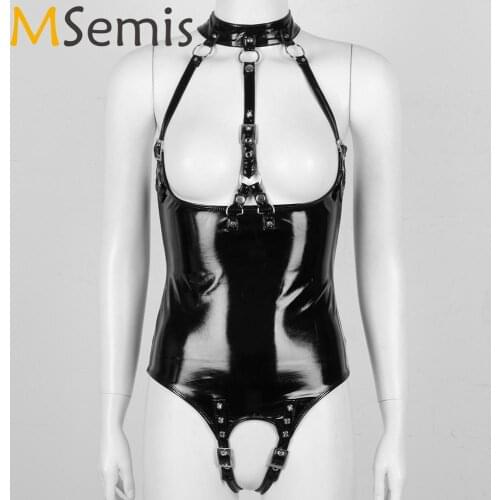 MSemis Women Bare Breast Open Cups Halter Neck Harness Lingeire Crotchless Sexy Hot One-piece Wet Look Patent Leather Bodysuit