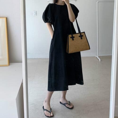 2020 Women Summer Vintage White Puff Sleeve Loose Long Brief Dress Round Collar Pullover Midi Dresses with Pocket