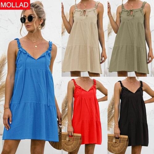 Spring/Summer 2021 New Hot Sale Sexy Spaghetti-Strap Ruffle Solid Color Dress A-line Women Dresses
