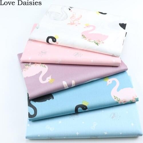 100% Cotton Twill WHITE PUPRLE BLUE Cartoon Elegant Black Pink White Swan Crown Fabric for DIY Bedding Dress handwork decoration