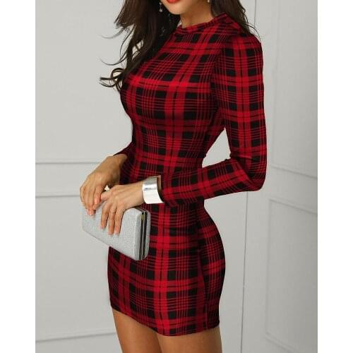 2020 Women Fashion Elegant Sexy Plaid Long Sleeve Bodycon Dress Autumn Spring Skinny Mini Red Long Sleeve Dress Christmas