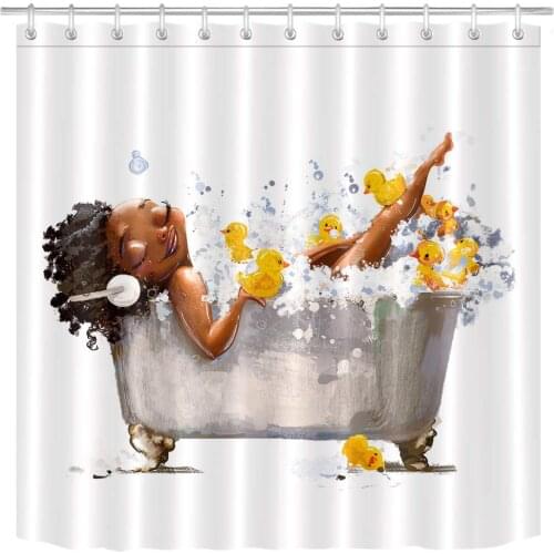 Afro Lady African American Sexy Black Woman Yellow Ducks Bubble Shower Curtain