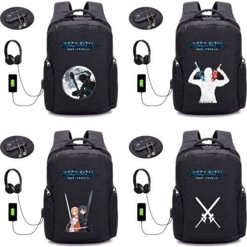 Anime Sword Art Online backpack USB charging Laptop bag Men desing Anti thief Travel waterproof school backpack 16 style