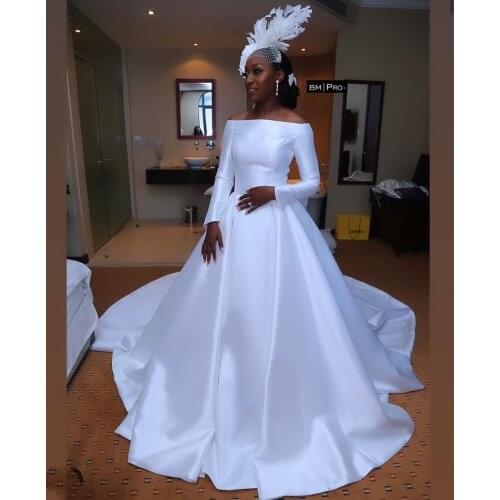 African Off Shoulder Satin Wedding Dresses 2021 Long Sleeve Royal Train A-Line Bridal Gowns Custom Made Robe De Mariage