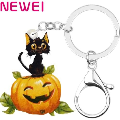 Newei Acrylic Halloween Pumpkin Lantern Cat Keychains Printing Pet Animal Keyring Jewellery For Women Kids Girls Bag Decoration