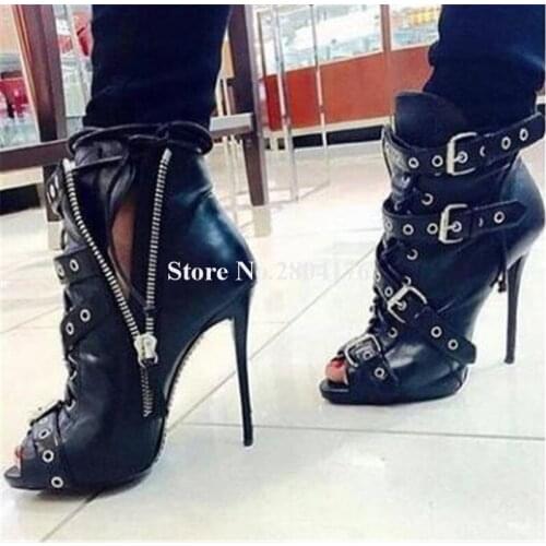 Brand Design Women Fashion Peep Toe Black Leather Buckle Thin Heel Short Boots Zipper-up Metal High Heel Ankle Booties