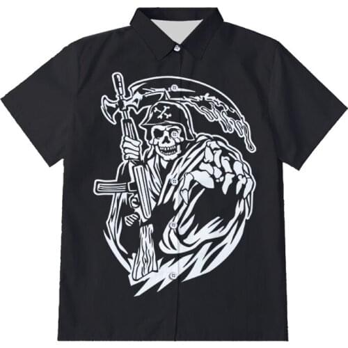 IFPD EU/US Size Men Clothes Summer Grim Reaper Skull Print Short Sleeve Button Shirts 3D Print Plus Size Casual Breathable Shirt