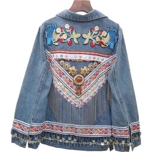 Boho Style Beading Embroidery Splicing Tassel Denim Jacket Coat Women Loose Short Outwear Casual Jeans Jackets Female Streetwear