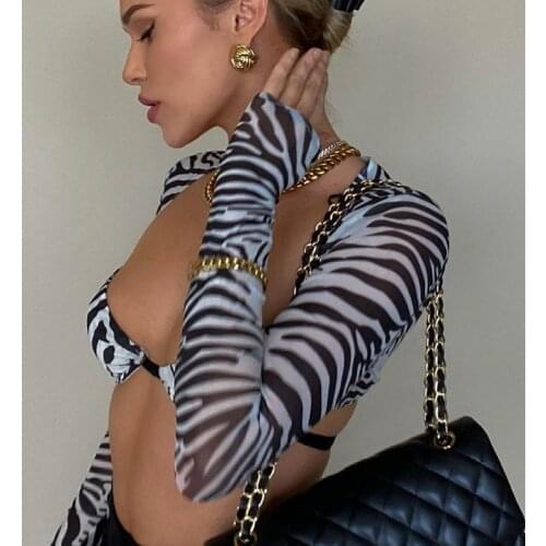 Summer 2021 Fashion Zebra Print Mesh See Through Long Sleeve Cropped Tops Woman Tshirts Slim Women Sexy Tops T-Shirts Clothes