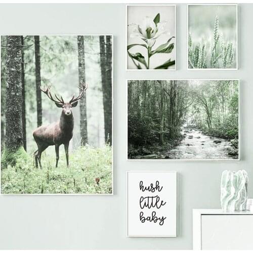 Lily Waterfall Forest River Deer Green Wall Art Canvas Painting Nordic Posters And Prints Wall Pictures For Living Room Decor
