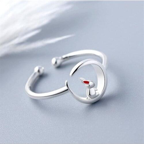 New Fashion Exquisite Crooked Moon Rabbit 925 Sterling Silver Jewelry Cute Jade Rabbit Sweet Animal Opening Rings R546
