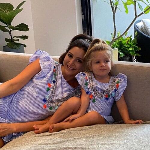 Mother and Daughter Clothes Nine Quarter Stripe Tassel Mini Dress Mom and Daughter Dress 2021 Family Matching Clothes