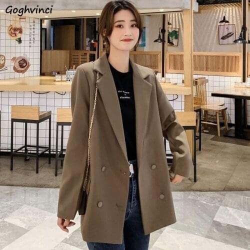 Blazers Women Notched Elegant Office Lady Double Breasted Classic England Style Medium-long Solid Suits Coat Leisure Outwear New
