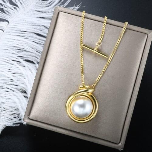ZMFashion Simple Pearl Pendant OT Buckle Necklace For Women Men Charm Stainless Steel Long Chains Sweater Necklaces Jewelry Gift