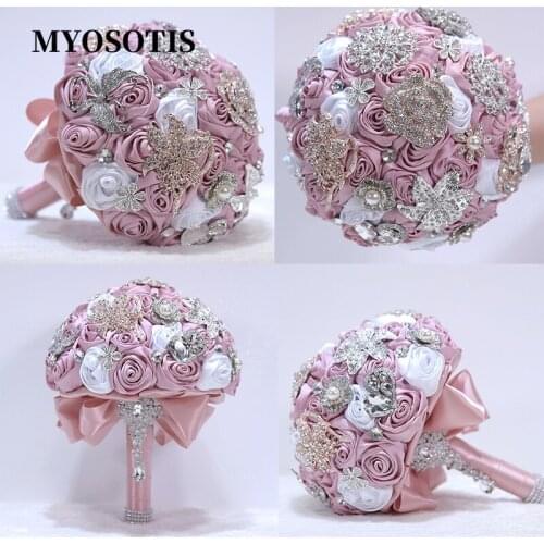 Luxury Gold Decoration Crystal Wedding Bouquet Rhinestones Beaded Diamond Bridal Ribbon Flowers Royal Hot Pink White Hand Dec