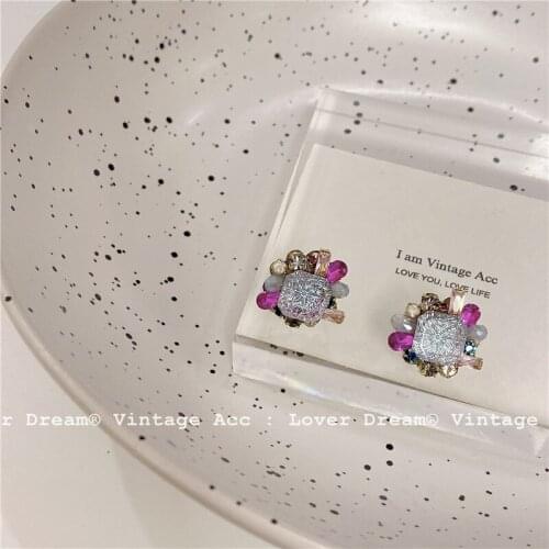 Korean Style Vintage Colorful Crystal Stud Earrings for Women Girls Sweet Geometric Small Piercing Earrings Party Jewelry