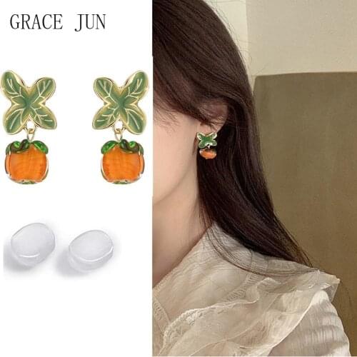 GRACE JUN New Gold Color Leaf Persimmon Shape Clip on Earrings Temperament Sweet Silicone Cushion Ear Clip No Pierced Earrings