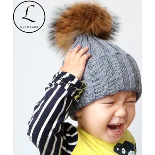 Natural Real Fur Raccoon Pom Poms Hats For Baby Boy Girls Childs Winter Soft Acrylic Knit Beanies Hats Fur ball Hat Dropshipping