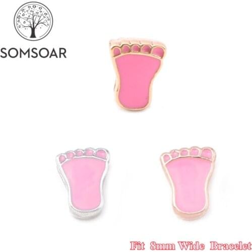 Somsoar Jewelry Pink Baby Foot Slide diy Charms fit 8mm Wide Leather Wrap Bracelet Mesh Bracelet for Toddler/Women 10pcs/lot