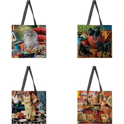 Grocery and kitten print tote bag casual tote bag lady shoulder bag foldable shopping bag outdoor beach bag