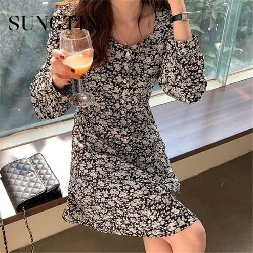 Sungtin Elegant Long Sleeve Women Printed Floral Mini Dress Loose Female Flower Dress 2021 Slim Waist Korean Vestidos Femme Chic