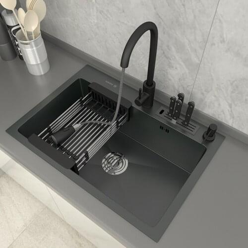 Dark Grey Kitchen Sinks Single Bowl with Knife Holder Stainless Steel Accessories Composite Utility Black up Mount Sink