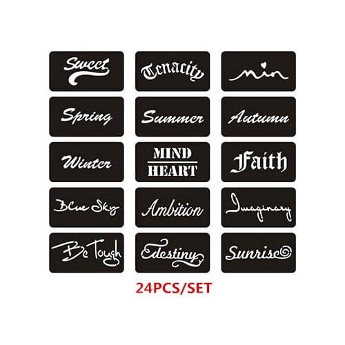 24pcs/set Pochoir Tatouage Reusable Henna Stencils Sexy Letters Design Glitter Tattoo Stencils for Painting Airbrush Stencil