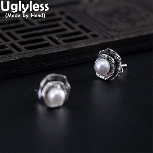Uglyless Hexagon Geometric Flower Studs Earrings for Women Natural Pearls Brincos Thai Silver 925 Silver Fashion Floral Jewelry