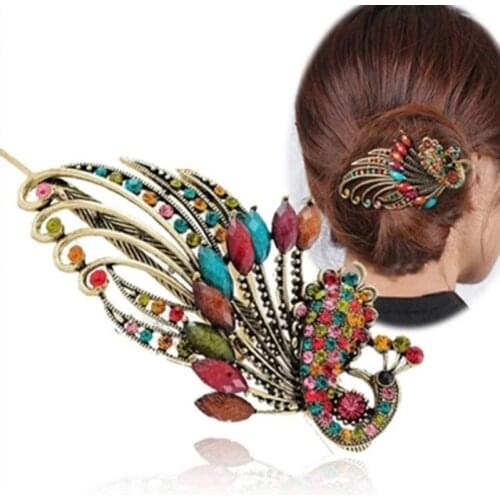 1PC Lovely Vintage Crystal Peacock Hair Clips Hairpins Barrette Donut Style Women Hair Accessories Beauty Tools Big Hairpins