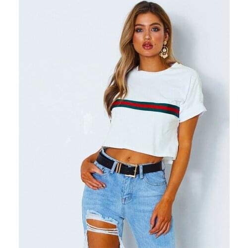 Womens black full Polyester cotton round neck sexy exposed navel red and green stripes fashion short sleeve T-shirt