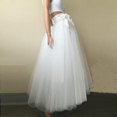 Fashion Tulle Skirt Wedding Skirt For Bridal Long Elegant Elastic Style A Line High Waist Floor Length Women Maxi Skirt With Bow