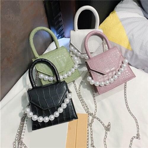 Pearl Chain Women Crossbody Bag Fashion Mini Design PU Leather Shoulder Bags Stone Pattern Female Travel Handbags